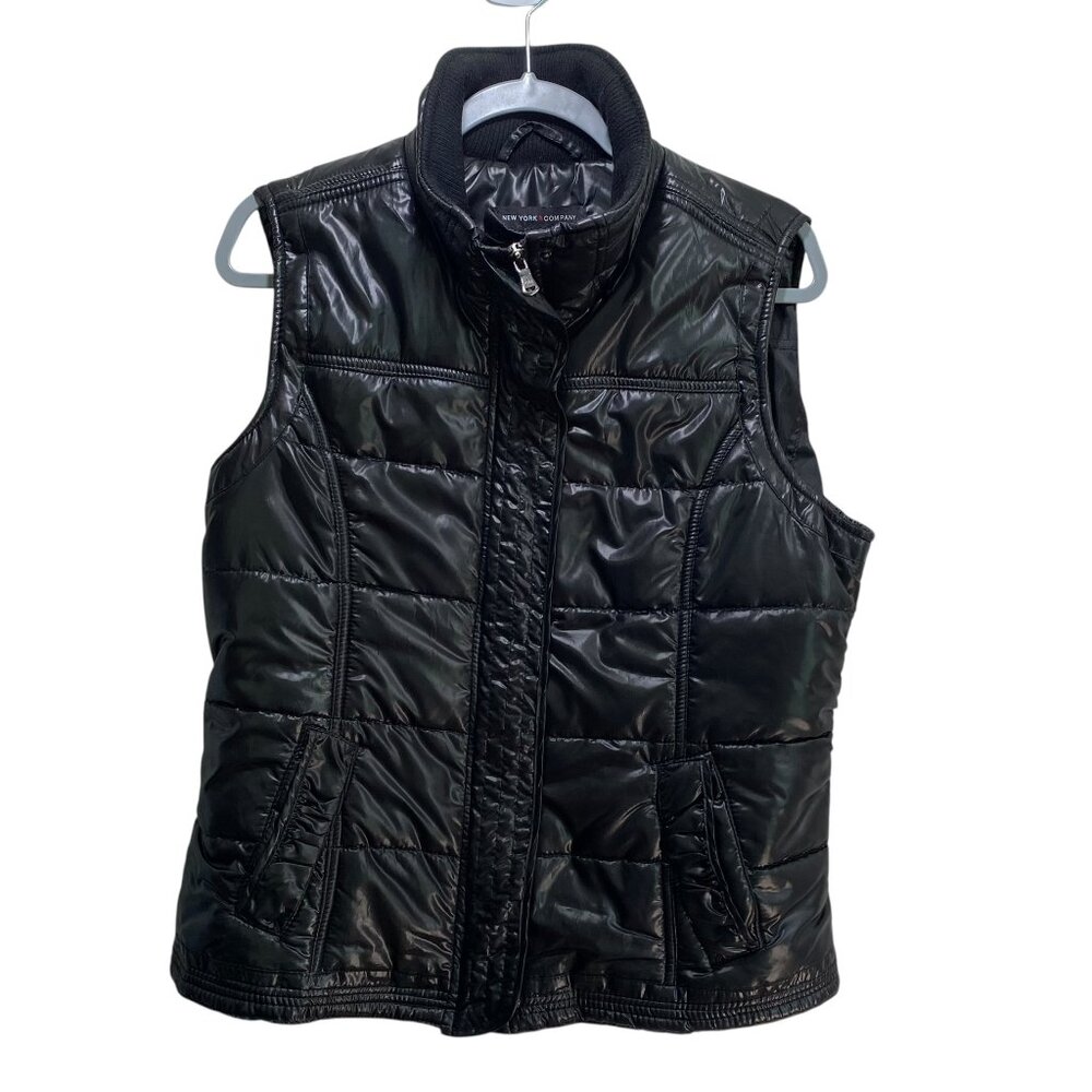 New York & Co. Y2K 90's Puffer Quilted Vest Womens L Black Outdoors Softshell